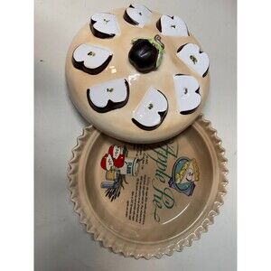 Vintage Ceramic Covered Apple Pie Keeper Recipe Printed in Fluted Baking Dish